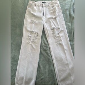White Ripped Straight Leg Jeans